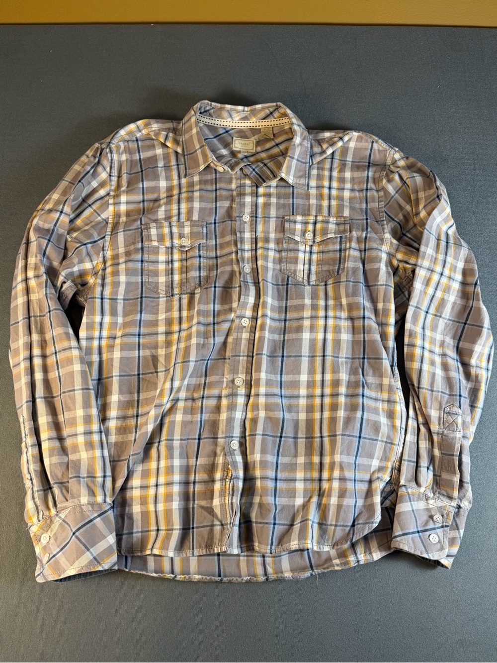 Haggar Men's Long-Sleeve Plaid Button-Down in Gray, Yellow and Blue